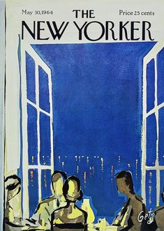 an advertisement for the new yorker, with people sitting at a table in front of open windows