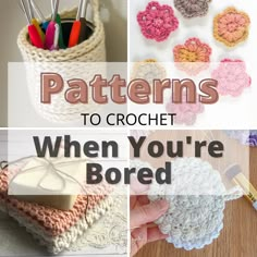 graphic reading patterns to crochet when you're bored with collage image of crochet items in the background Free Fall Crochet Coaster Patterns, Crochet That Sells Well, Crochet Dish Cloth Free Pattern Easy, Gifts For Crocheters, Crochet Knitting & Tools, Crochet Perfect Circle, Begginer Crochet Patterns, Leftover Yarn Projects Crochet, Popular Crochet Items To Sell