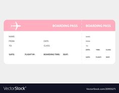 boarding pass card with an airplane on the back and pink border in the front side