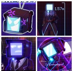 four different images of an old tv with neon colors and the screen is turned on