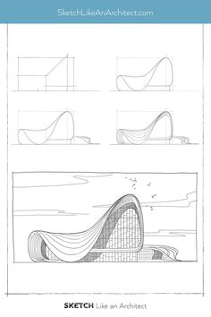 an architectural drawing with lines and shapes in the shape of boats, on top of each other