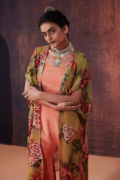 Peach jacket with floral print and sequin, zardozi embroidery. Paired with padded top and matching sharara. - Aza Fashions Luxury Floral Print Sharara For Women, Festive Floral Print Semi-stitched Sharara, Luxury Floral Embroidered Semi-stitched Sharara, Multicolor Floral Print Semi-stitched Sharara, Bohemian Floral Print Semi-stitched Sharara, Peach Jacket, Mira Rajput, Floral Print Jacket, Sanya Malhotra