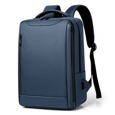 a blue backpack with black straps on the front and back sides, sitting against a white background