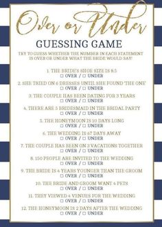 a blue and white striped wedding game with gold foil lettering on the front, which reads over or under