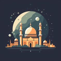 an illustration of a mosque in the night with stars and moon above it, on a dark background