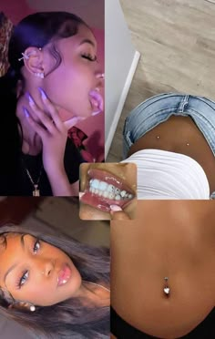 four different pictures of a woman with braces and piercings on her stomach, showing teeth