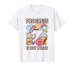 a white t - shirt with the words progress is not linear in front of it