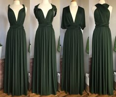 four different views of the same dress on mannequins, one in dark green