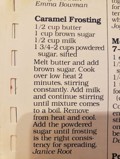 a recipe for caramel frosting on top of a piece of paper with instructions