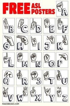 hand drawn letters and numbers with the words free asl posters