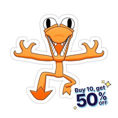 an orange sticker with the words buy 10 get 50 % off and a cartoon character