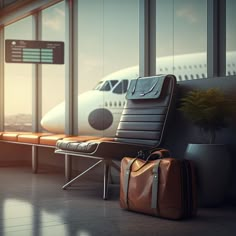 an airport waiting area with luggage and a plane in the background