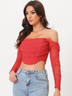 Shop Allegra K for mesh sheer long sleeve off shoulder party bustier crop top you are looking for, get more women's corset for yourelf. Order now! Free Returns! Shoulder Push Ups, Long Sleeve Corset, Up Party, Sheer Long Sleeve, Corset Crop Top, Off Shoulder Fashion, Women Corset, Corset Top, High Waisted Pants