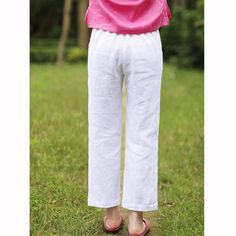 simplelinenlife-Linen-Summer-Women-Casual-Pants Comfortable White Summer Pants, White Ankle-length Beach Pants, White Linen Pants For The Beach, White Linen Pants For Beach, White Wide Leg Harem Pants For Loungewear, Relaxed White Wide-leg Bottoms, Relaxed White Wide Leg Bottoms, White Comfortable Pants For Spring, Comfortable White Spring Pants