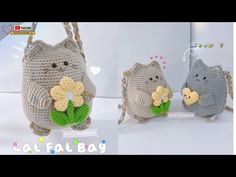 three crocheted purses with flowers and cats on the front, one holding a banana