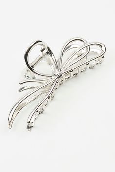 Wrap it up! Features - Ribbon detailing - 100% Zinc Alloy - Imported Silver Hair Clips Aesthetic, Claw Clip With Ribbon, Silver Hair Claw Clip, Rhinestone Claw Clip, Silver Hair Clip, Ribbon Hair, Hair Claws & Clips, Claw Clip, Hair Claw