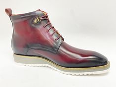 Style: 515-16-Burgundy Spectacular Lace-Up Boot from the Maurice collection in Burnished Calfskin features soft Calfskin lining, stitched welt and a Lightweight Tricolor Rubber Sole! Luxury Burgundy Leather Shoes With Leather Lining, Luxury Burgundy Leather Boots, Formal Burgundy Leather Boots, Burgundy Round Toe Formal Boots, Formal Burgundy Boots With Round Toe, Burgundy Ankle Boots For Formal Occasions, Cordovan Shoes, Shoe Polish, Shoe Horn