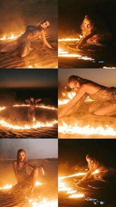 a woman sitting on top of a body of water surrounded by fire and flames in her hands