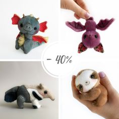 four different types of stuffed animals are shown in three pictures, one is small and the other is large