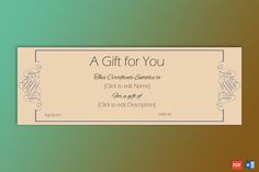 a gift for you certificate is displayed on a green and brown background with an ornate border