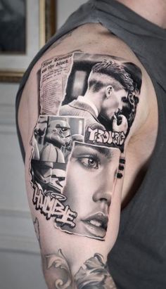 a man's arm covered in tattoos with pictures and words on the back of it