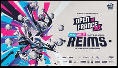 an advertisement for the french basketball league is shown in front of a white background with blue, pink and purple graphics