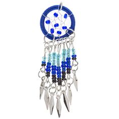 a blue and white beaded dream catcher hanging from a metal chain with spikes on it