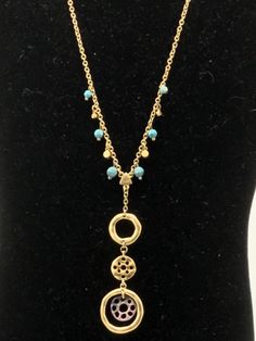 Gorgeous brass and turquoise tone necklace by Lia Sophia, round pendant, signed. Turquoise Metal Necklace With Round Pendant, Turquoise Necklace With Round Metal Pendant, Bib Necklaces, Lia Sophia, Enamel Flower, Pink Beads, Silver Spring, Green Necklace, Round Pendant