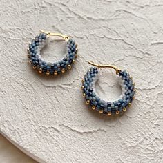 Denim Beaded Hoop Earrings Blue White and Gold Seed Bead Hoop Earrings Ready to Ship Gift Under 40 for Mom - Etsy Delica Beaded Hoop Earrings, Gift Blue Beaded Hoop Earrings, Miyuki Delica Hoop Earrings, Blue Round Bead Hoop Earrings Gift, Blue Beaded Metal Hoop Earrings, Beaded Hoop Earrings, Beaded Hoops, Colored Denim, Seed Bead Jewelry