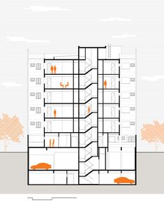 an architectural drawing of a building with people standing on the ground and in oranges