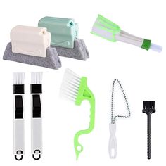 various household cleaning supplies are arranged on a white background