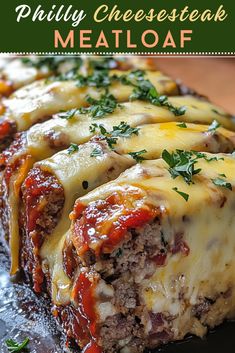 a close up of meatloaf on a plate with text overlay that reads philly cheesesteak meatloaf