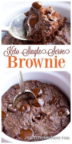 chocolate brownie in a white bowl with spoon and text overlay that reads keto single serve brownie