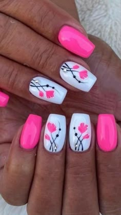 Nail Art Designs For Summer, Pink Nail Art Designs, Summer Gel Nails, Spring Acrylic Nails, Hot Pink Nails, Colorful Nails, Pink Nail Art