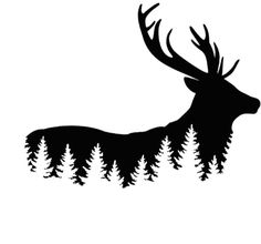 a black and white silhouette of a deer surrounded by trees