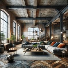 an industrial living room with large windows and wooden flooring is furnished with modern furniture