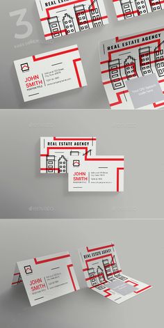 three different business cards with red and white lines on the front, back and sides