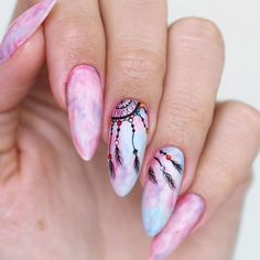 Dream Catcher Nail Art, Dream Catcher Nails, Feather Nail Art, Feather Nails, Almond Nail Art, Long Nail Art, Boho Nails, Nail Designs Pictures, Nagellack Trends