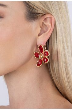 Earrings For Red Dress, Grad Pic, Red Petals, Spring Forward, Floral Studs, Red Outfit, Fashion Wear, Ruby Red, Statement Earrings