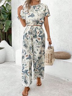 Women's Pants Set Loose Texture Solid Color Casual Two Piece Suit Multicolor Boho  Short Sleeve Woven Fabric Tropical,All Over Print  Non-Stretch  Women Clothing, size features are:Bust: ,Length: ,Sleeve Length: Boho Tropical, Wedding Attire, Two Piece Outfit, Eos, Women's Pants, Suits For Women, Women Clothing, Boho Chic, Pants Set