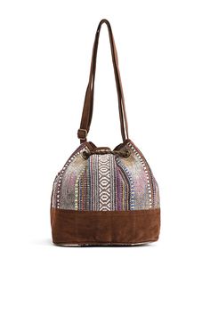 Bohemian Tribal Bucket bag for women. Colorful Twig fabric Stunning Sequins & Beads embellished at the front Contrast Faux Suede at the sides & lower half Drawstring with Tassels Closure Adjustable long Faux Suede shoulder strap Lined interiors with a Zip Pocket Size : 15" X 10" X 7.5" Trendy, Chic & Tribal, this is what a Boho girl is & that’s how her bucket bag needs to be. We happy to announce arrival of our Winter Twig Embellished Durrie Bucket Bag. This is what your Boho wardrobe needs to h Bohemian Multicolor Bucket Bag With Adjustable Strap, Bohemian Fabric Shoulder Bag For Travel, Woven Hobo Bag For Festival, Brown Bohemian Fabric Bags, Bohemian Brown Fabric Bags, Woven Bucket Bag For Festival, Festival Multicolor Embroidered Hobo Bag, Multicolor Bohemian Fabric Shoulder Bag, Bohemian Multicolor Fabric Shoulder Bag