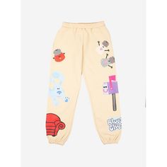 Indulge in the playful world of Blue's Clues with these yellow sweatpants, featuring adorable images of paw prints, Blue, Shovel, Pail, Slippery Soap, Mailbox, Mr. Salt, Mrs. Pepper, and Paprika. Crafted from 100% cotton, these officially licensed sweatpants offer both comfort and style, complete with a drawstring elastic waistband and side pockets for added convenience. Whether you're lounging at home or running errands, these sweatpants are the perfect choice for fans of all ages. Keep them lo Playful Cotton Joggers For Loungewear, Playful Cotton Sweatpants For Loungewear, Playful Relaxed Fit Sweatpants For Loungewear, Playful Sweatpants With Elastic Waistband For Loungewear, Casual Cotton Bottoms With Cartoon Print, Casual Cotton Pants With Cartoon Print, Playful Yellow Cotton Pants, Yellow Graphic Print Cotton Bottoms, Yellow Cotton Bottoms With Graphic Print