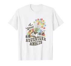 an adventure awaits t - shirt with balloons and kites on the front in white