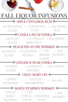 the fall liquor info sheet is shown with apples, cinnamons and apple cider