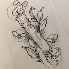 a drawing of a piece of wood with flowers and leaves on the bottom half of it