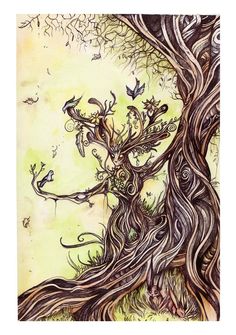 a drawing of a tree with many branches and birds on it's trunk, in front of a yellow sky