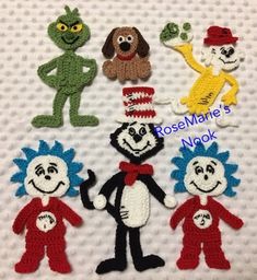 crocheted dr seussman and the cat in the hat character appliques