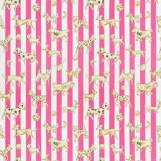 a pink and white striped wallpaper with dogs on it