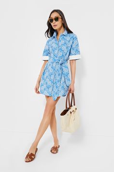 Riviera Painted Chintz Aurora Dress Chic Collared Shirt Dress For Day Out, Vacation Midi-length Shirt Dress, Blue Collared Belted Dress, Trendy Midi Shirt Dress For Day Out, Trendy Midi Length Shirt Dress For Day Out, Cotton Shirt Dress For Day Out, Blue Cotton Collared Mini Dress, Blue Collared Cotton Mini Dress, Casual Belted Mini Shirt Dress