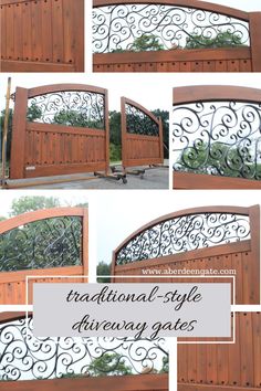 an image of a wooden gate with wrought iron work on it and the words traditional - style driveway gates